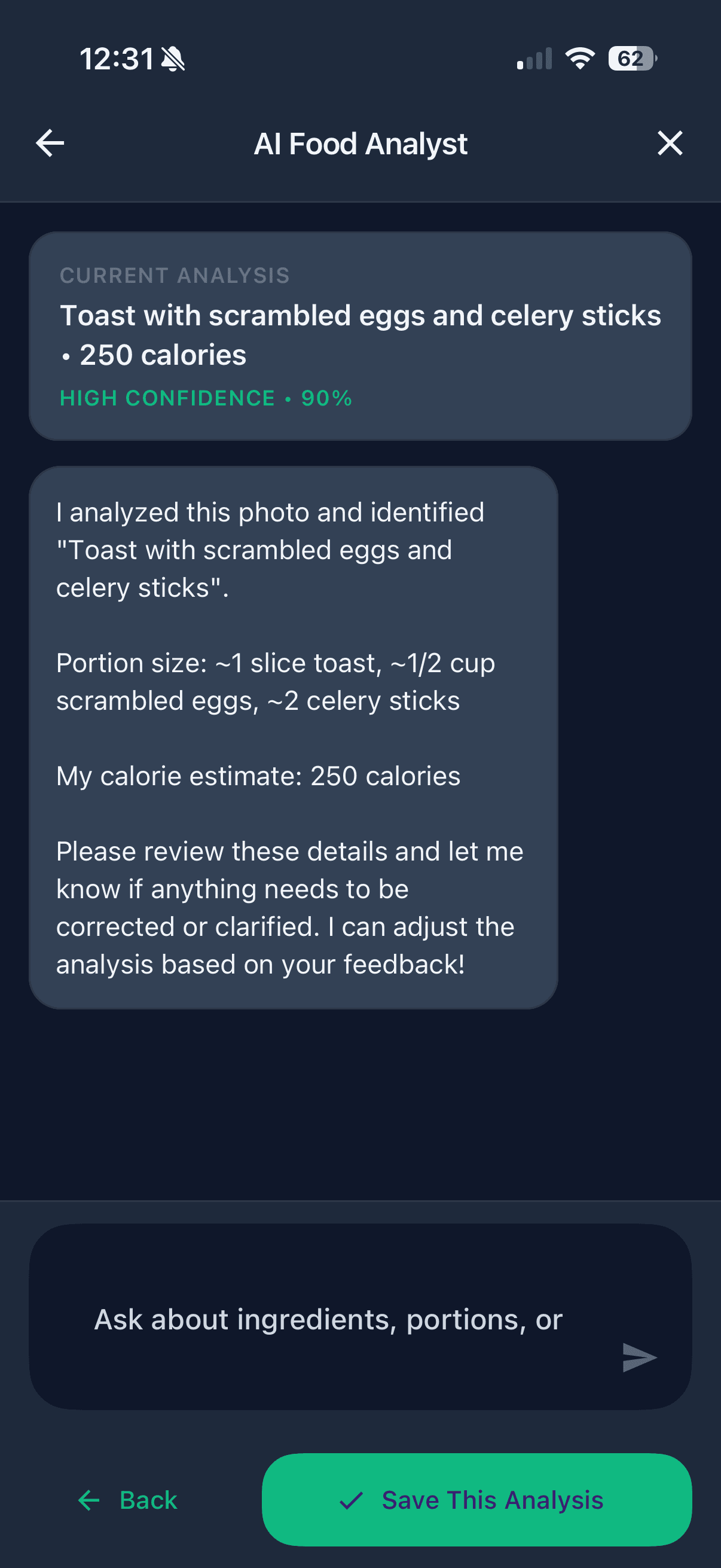 BurnBalance AI food analysis